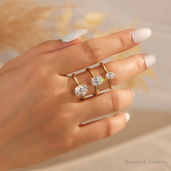 5A CZ Oval Engagement Ring, Adjustable Solitaire Ring | 3CT Wedding Promise Ring - Picture 1 of 7